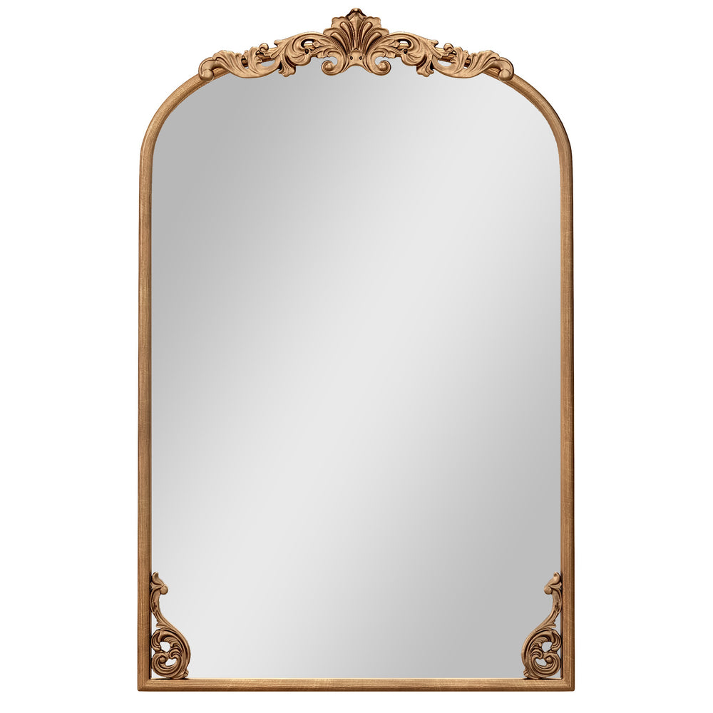 Ornate gold arched mirror with vintage baroque design, ideal for entryways and living rooms, featuring a sturdy metal.