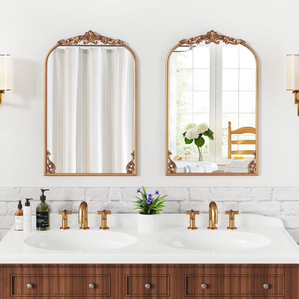 Arched gold vintage ornate mirrors with metal frames, ideal for bathroom decor and easy installation.