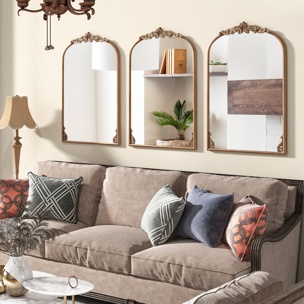 Three arched gold vintage mirrors with ornate frames, perfect for enhancing entryways and living room decor.