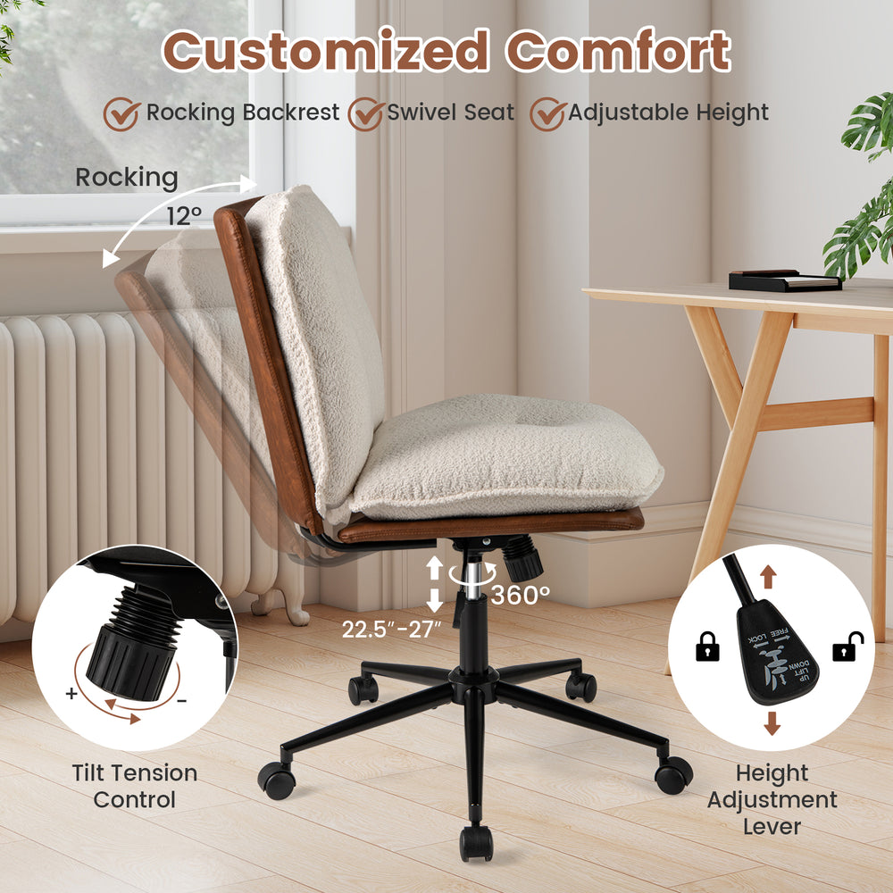 Armless home office chair with rocking backrest, adjustable height, and swivel seat for customizable comfort.