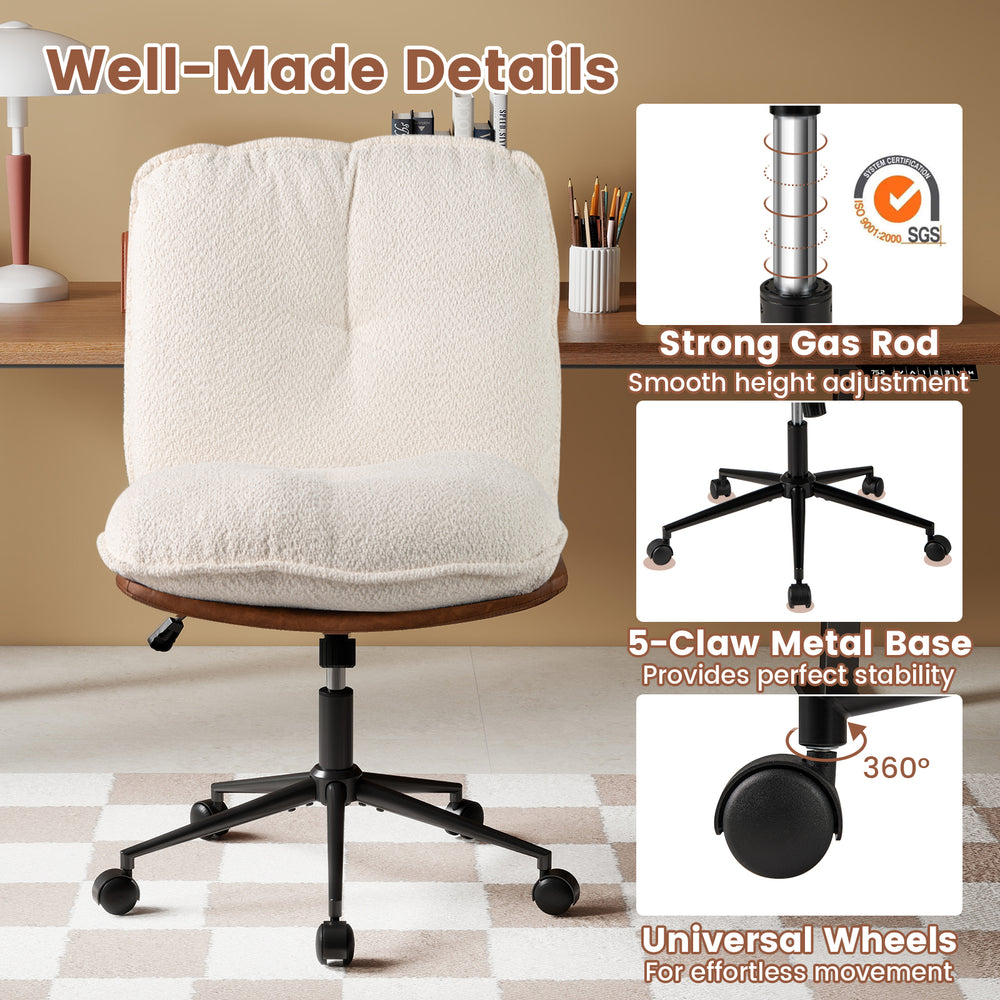 Armless home office chair with a rocking backrest, adjustable height, and 360° wheels for easy movement and comfort.