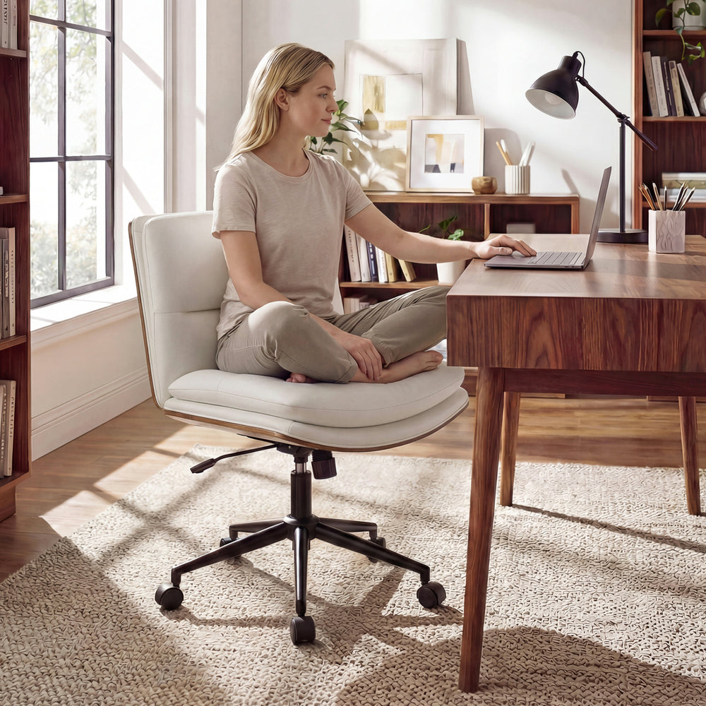 Armless Office Chair with Curved Backrest and Padded Seat-White - Gallery View 1 of 8