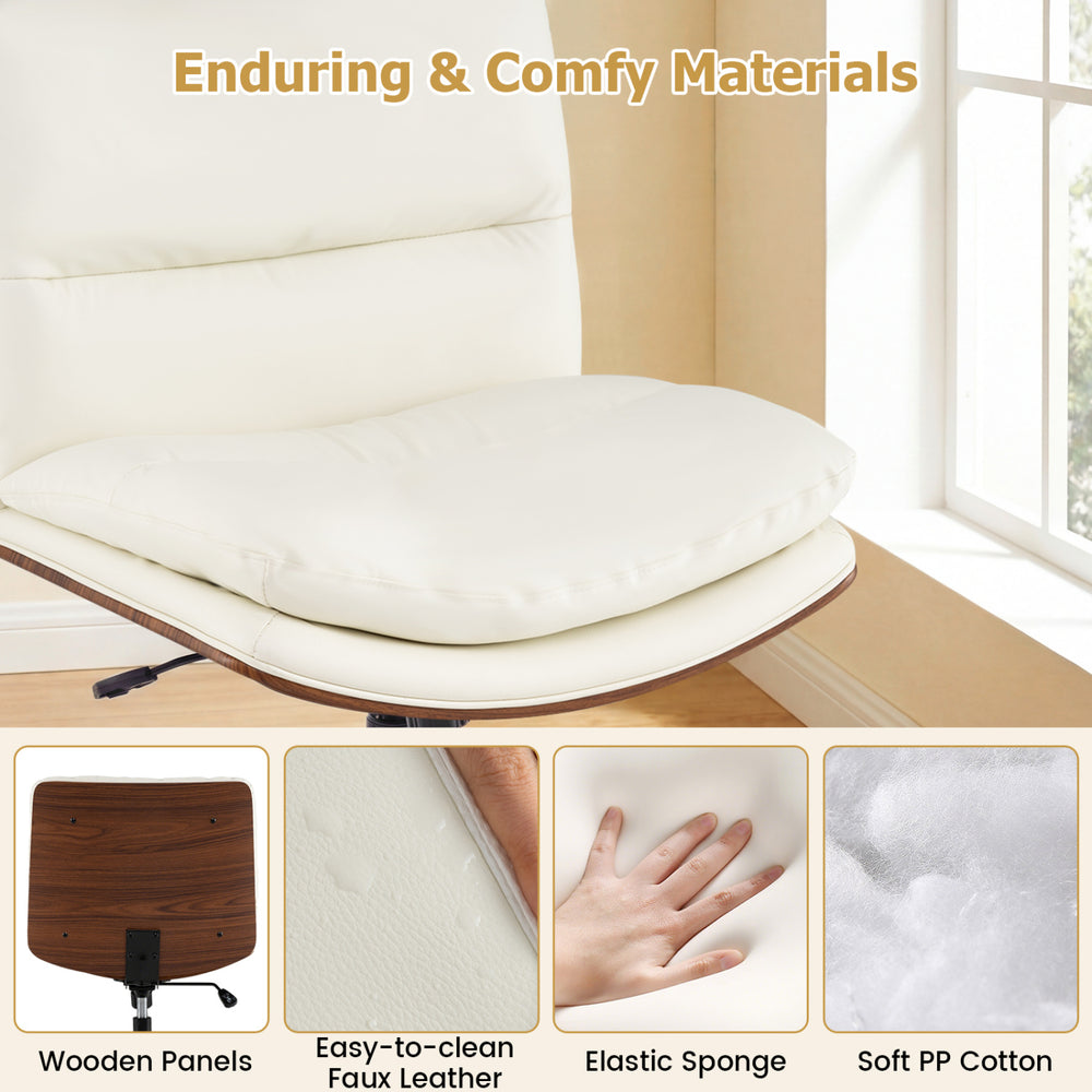 Armless office chair with curved backrest, padded seat in white, featuring easy-to-clean faux leather for versatile use.
