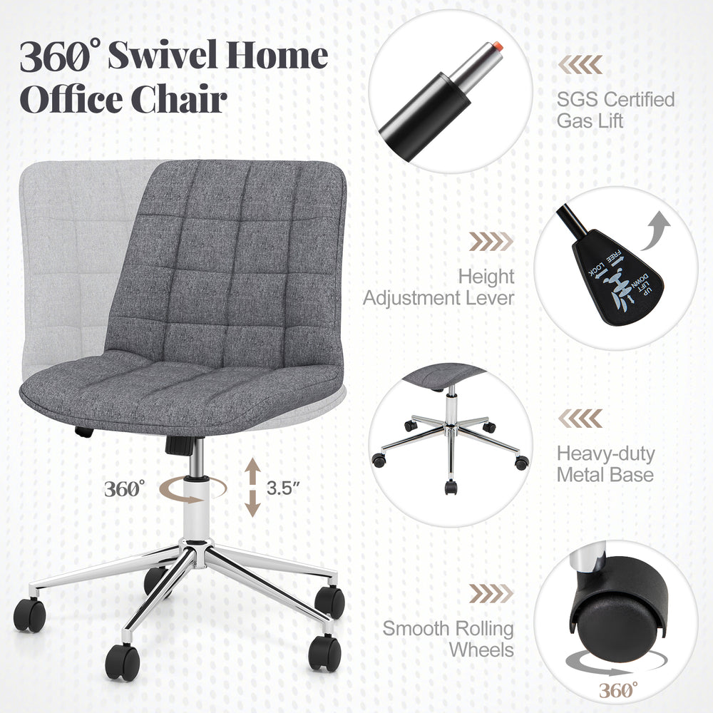 Armless grey office chair with adjustable height, thick sponge cushion, and smooth rolling wheels for versatile use.