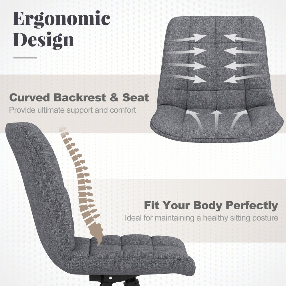 Curved backrest and seat of the armless office chair in grey, designed for ergonomic support and comfort.