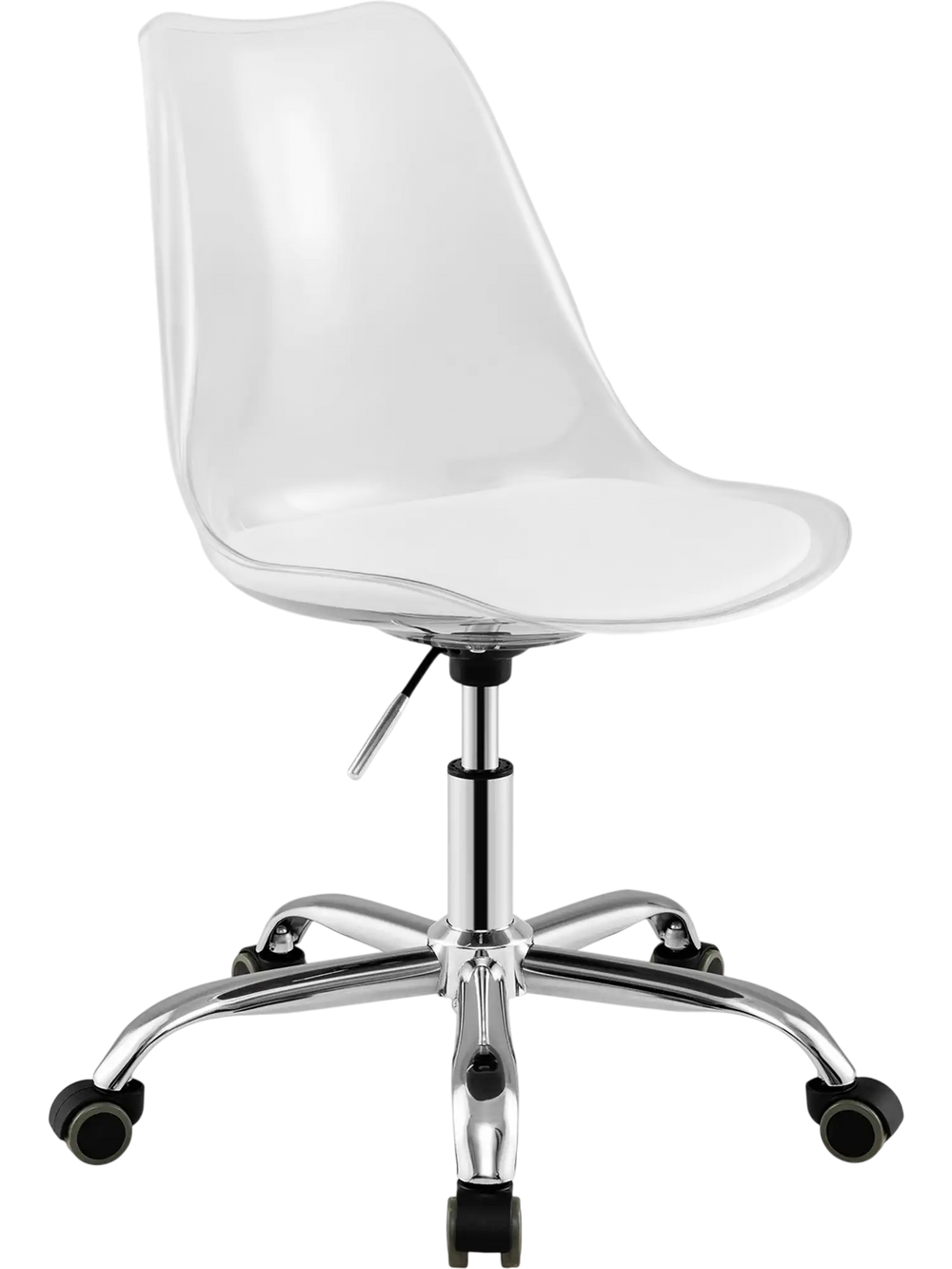 Clear armless rolling office chair with ergonomic design and soft PU leather cushion, ideal for small spaces.