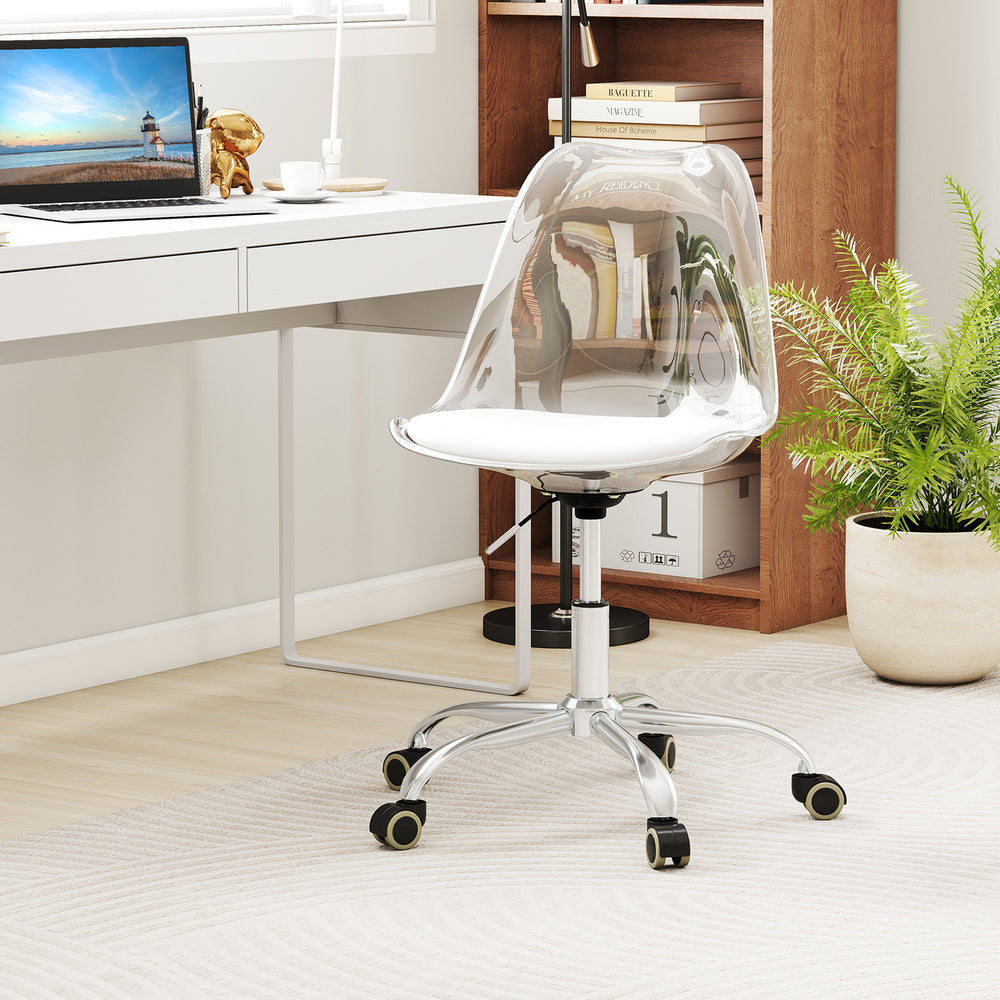 Clear armless rolling office chair with swivel seat and PU leather cushion, perfect for small spaces like study rooms.