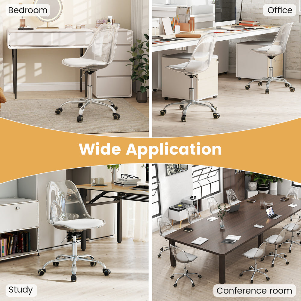 Armless rolling office chair with clear PET material and soft PU leather cushion, ideal for small spaces like offices.