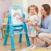 Kids' adjustable height art easel in green features a dual-sided design for chalk, magnetic board, and whiteboard drawing.