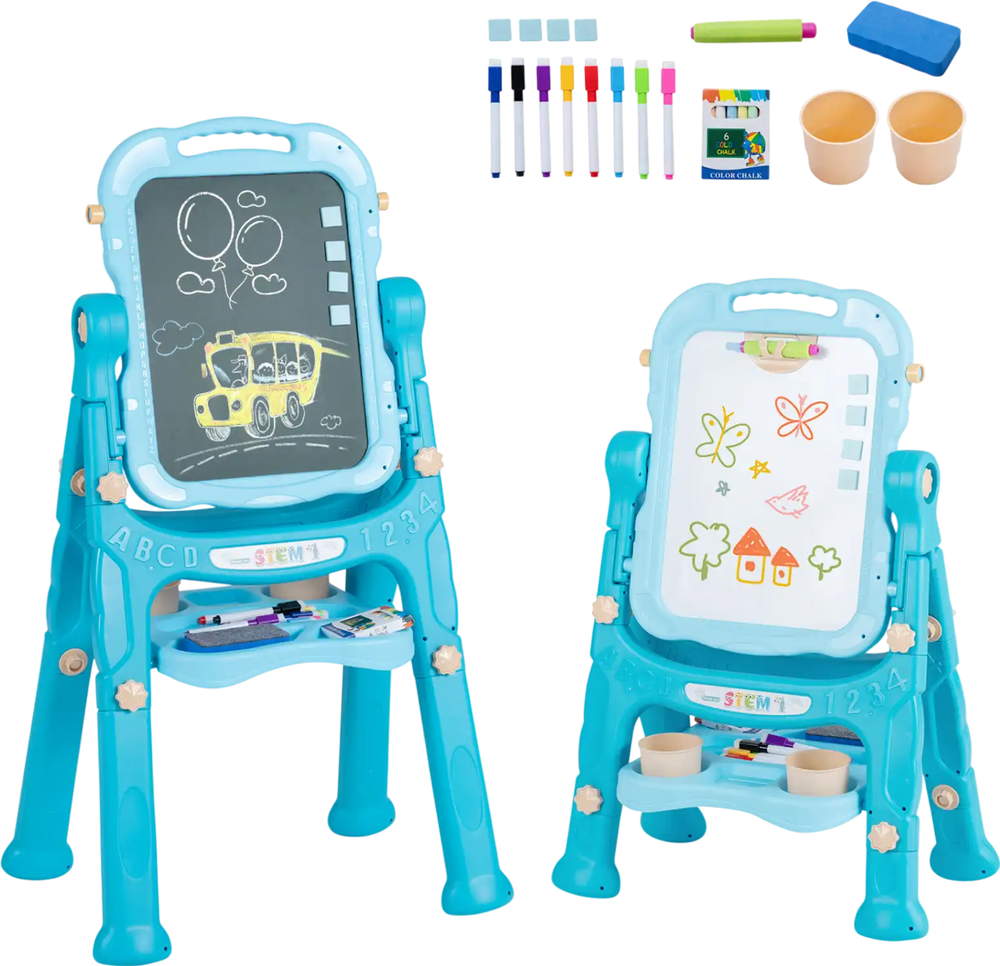 Dual-sided adjustable height art easel for kids in green, featuring chalkboard and whiteboard, with 22 accessories included.