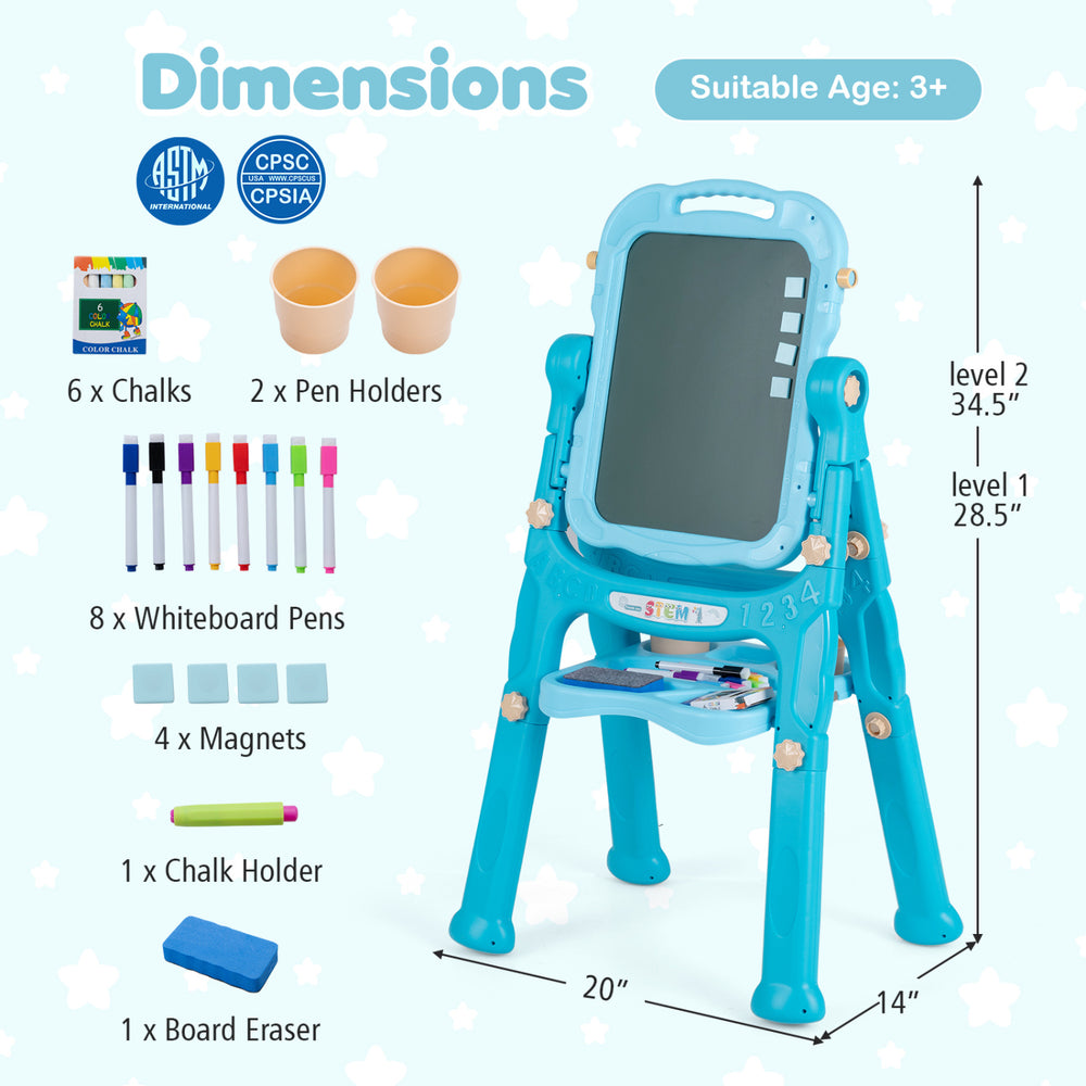 Adjustable height art easel in green features a magnetic board, whiteboard, and 22 accessories for creative fun.