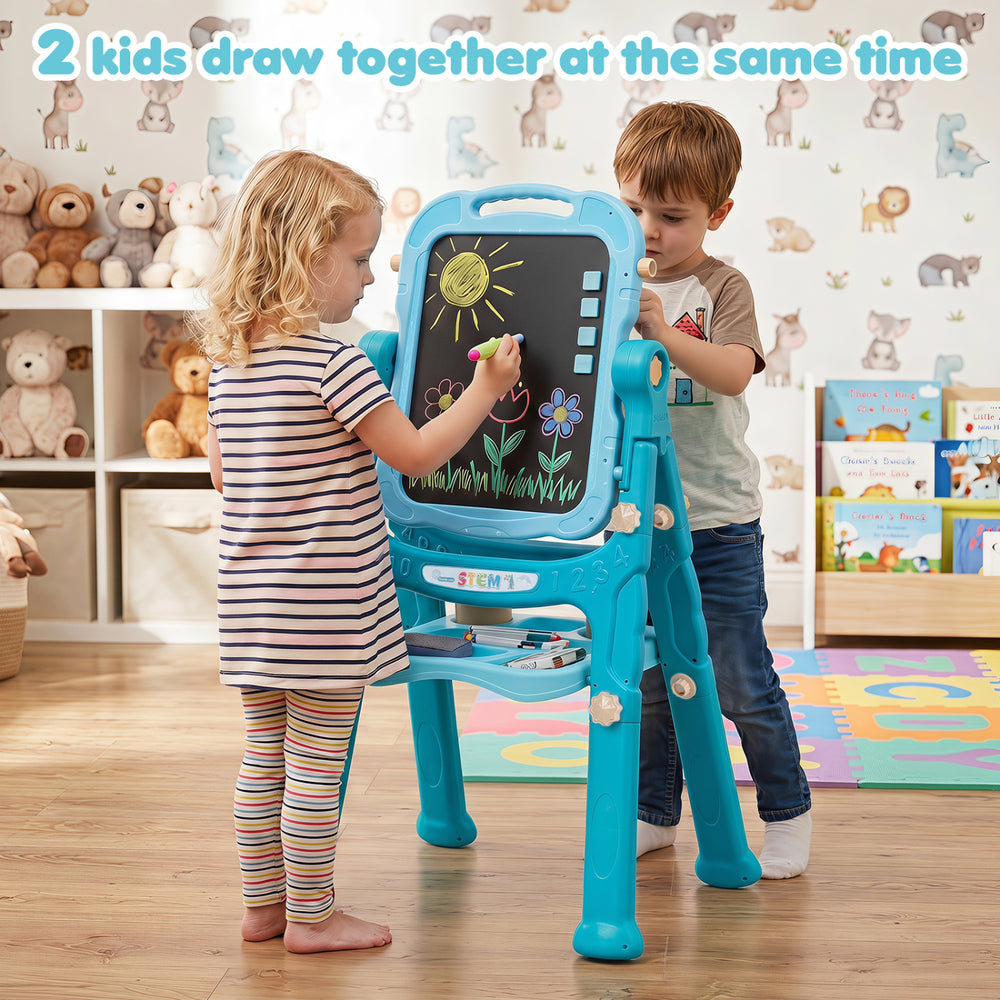 Two kids use the adjustable height art easel with chalk and magnetic board for creative drawing fun together.