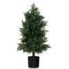 Artificial cedar topiary tree in a black nursery pot, perfect for porch and office decor with realistic foliage.