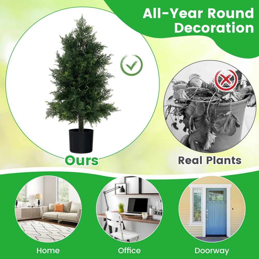 Artificial cedar topiary tree in a black nursery pot, perfect for home, office, or doorway decoration all year round.
