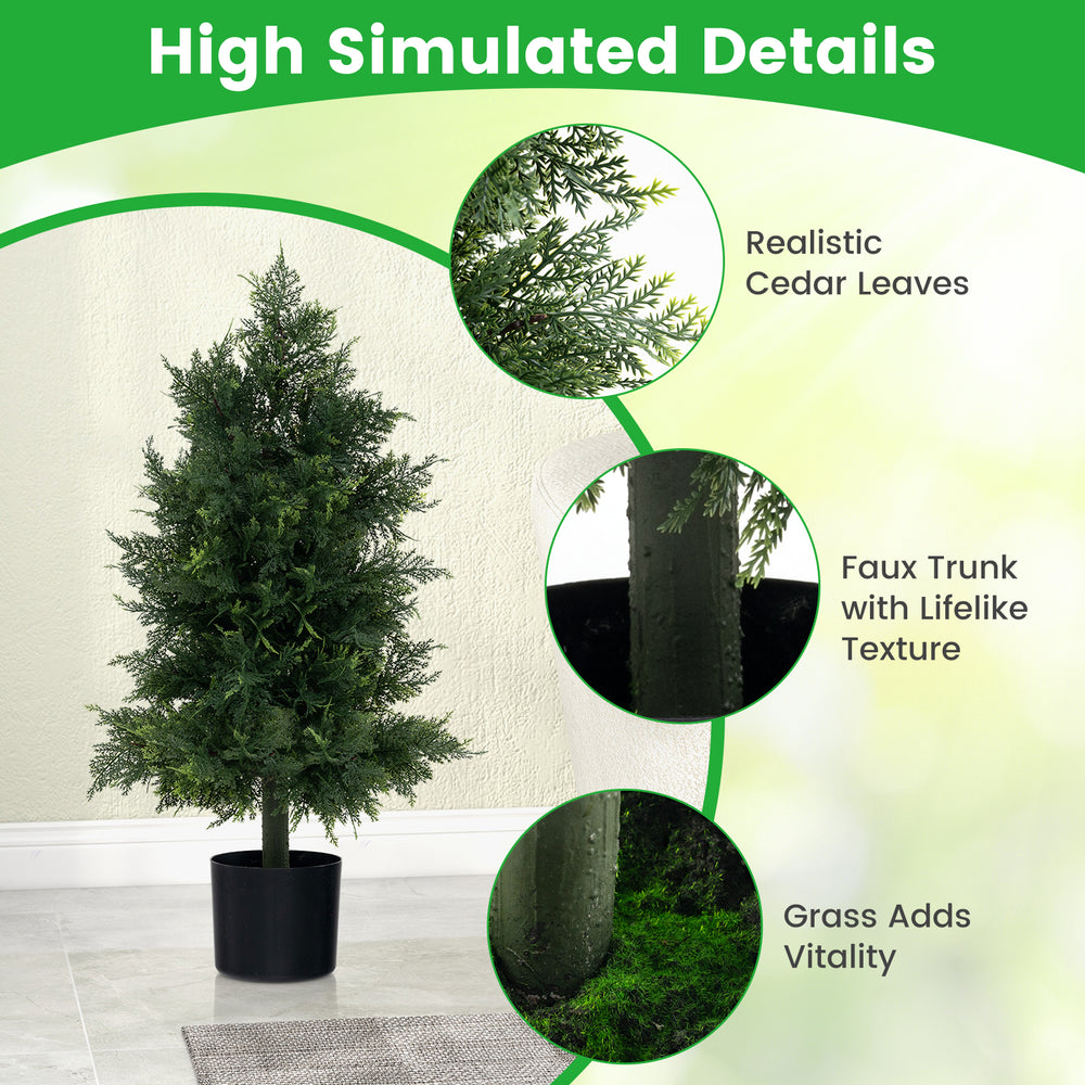 Artificial cedar topiary tree with realistic leaves and faux trunk, ideal for porch and office decor.