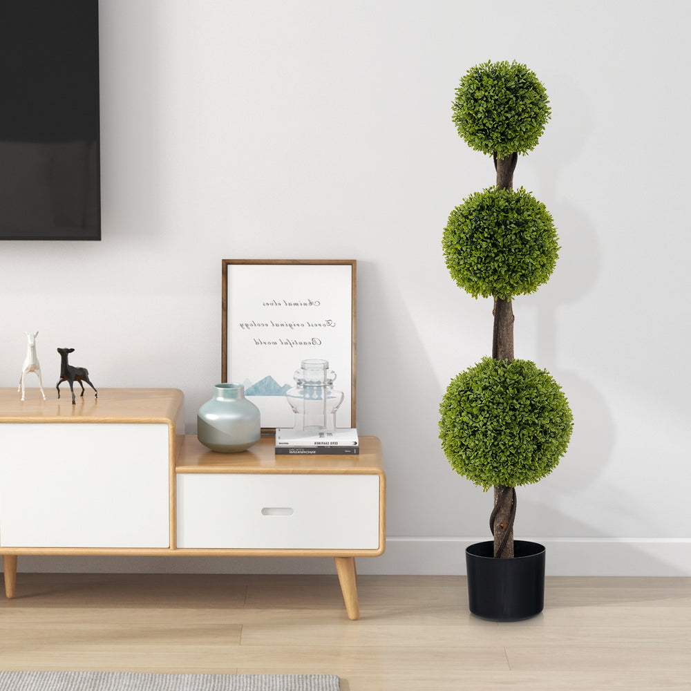 Artificial 4 FT ball shape bush tree with lush PE leaves and stable base, perfect for indoor or outdoor decoration.