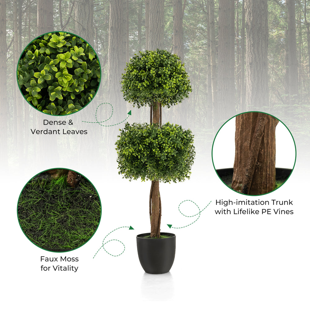 Double ball-shaped 40-inch artificial boxwood topiary tree with dense leaves and lifelike trunk, perfect for home decor.