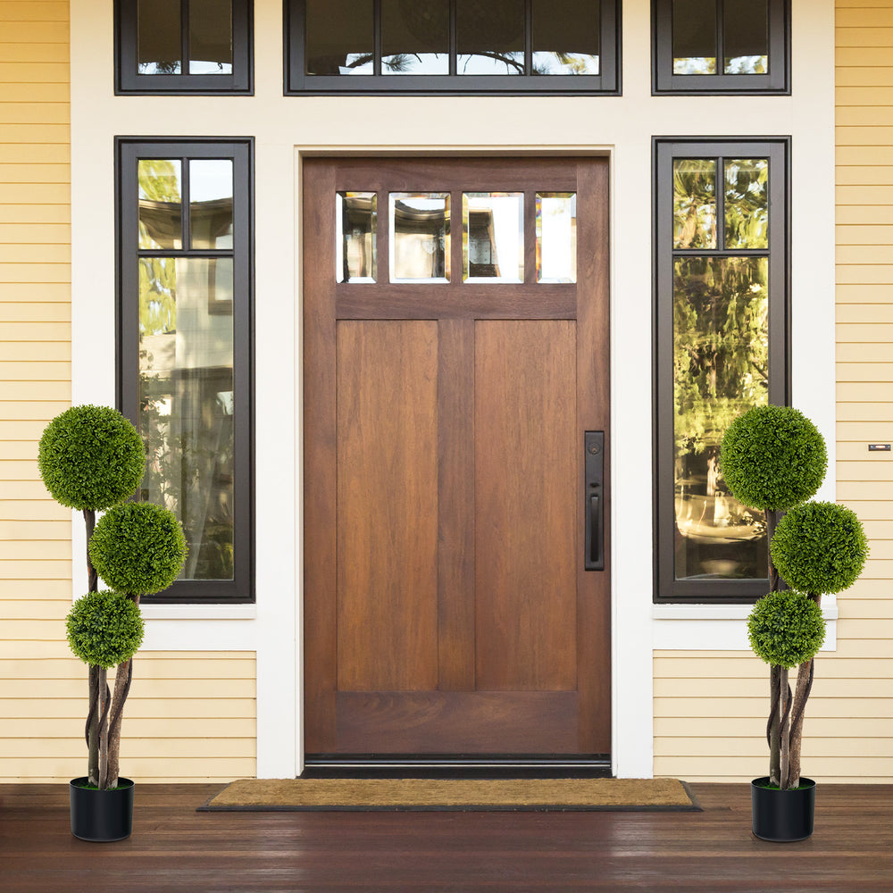 4 FT artificial boxwood topiary tree with triple ball design in a weighted pot, perfect for enhancing front porch decor.