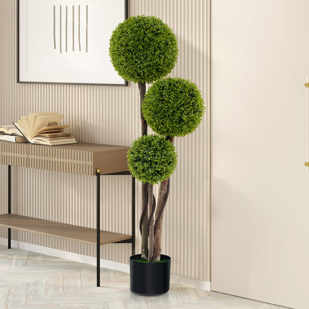 4 FT artificial boxwood topiary tree with triple ball design in a weighted pot, perfect for home and shop decor.