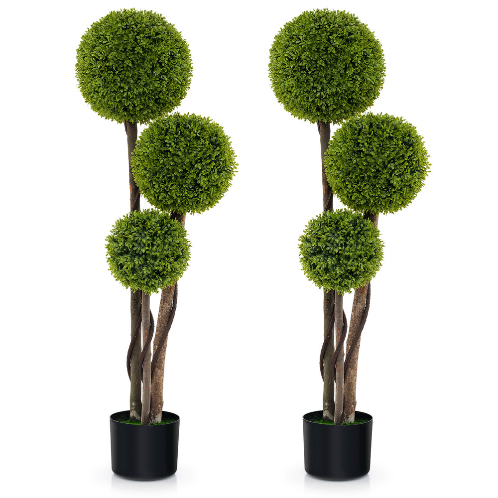 4 FT artificial boxwood topiary tree with three ball design and twisted trunks, ideal for adding greenery to any space.