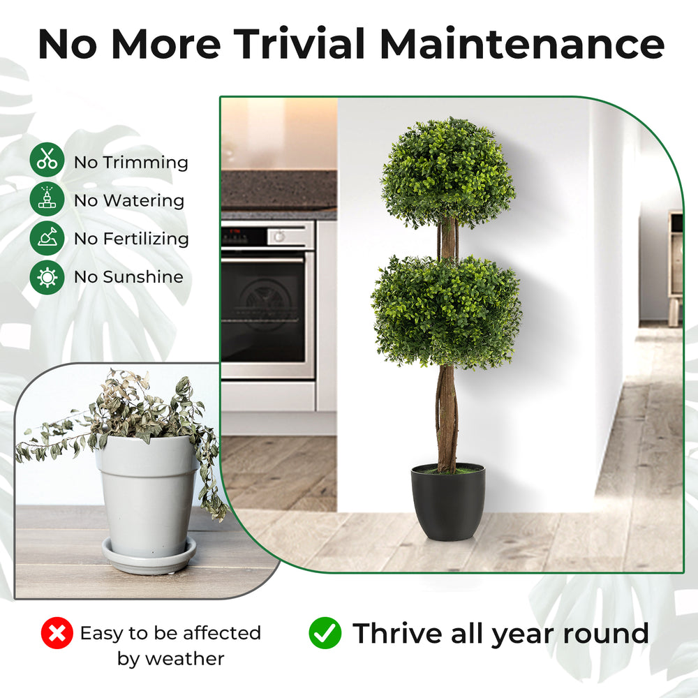 Double ball-shaped 40-inch artificial boxwood topiary tree with realistic leaves, perfect for front porch or patio.
