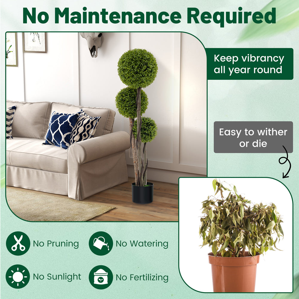 4 FT artificial boxwood topiary tree featuring three lush balls and sturdy pot, ideal for effortless year-round decor.