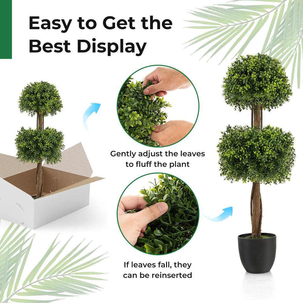 Artificial 40-inch boxwood topiary tree with double ball shape, realistic leaves, and weighted base for stable indoor.