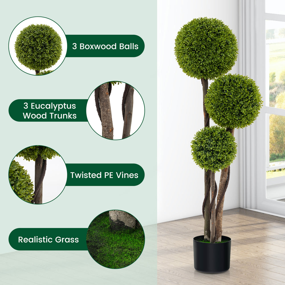4 FT artificial boxwood topiary tree with three balls, eucalyptus trunks, and weighted pot for stylish indoor decor.