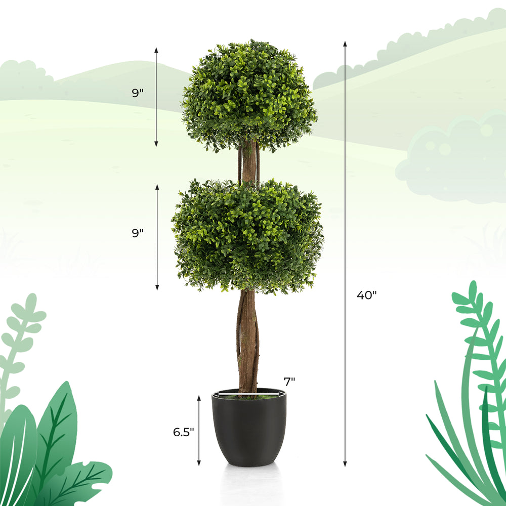 Artificial 40-inch boxwood topiary tree featuring dense green leaves and a sturdy base, ideal for year-round home.
