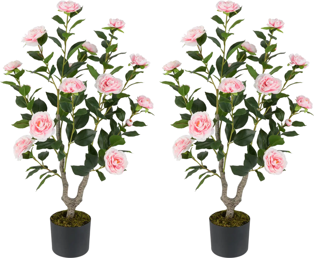 36-inch artificial camellia tree with pink blooming flowers in a stable pot, perfect for home and office decoration.