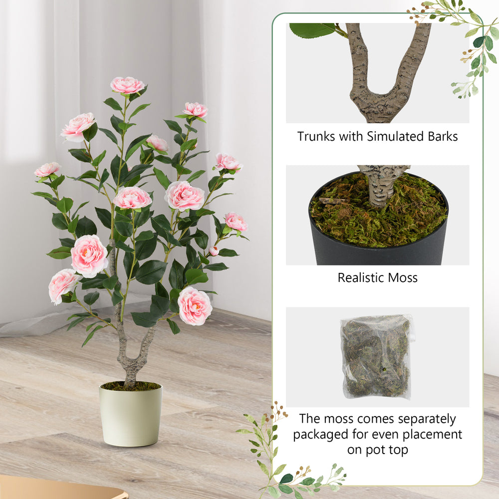 36-inch artificial camellia tree with pink flowers and realistic moss, perfect for home or office decoration.