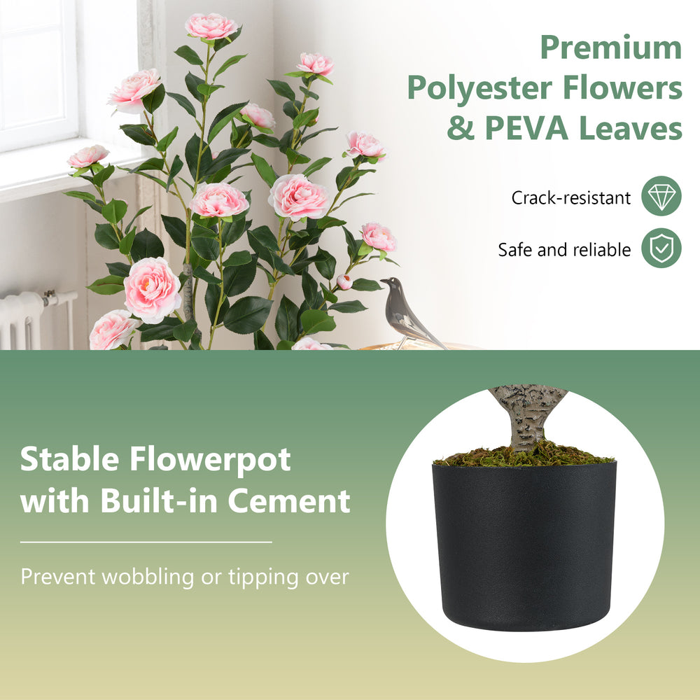 36-inch artificial camellia tree with pink flowers and stable cement flowerpot, perfect for home and office decoration.