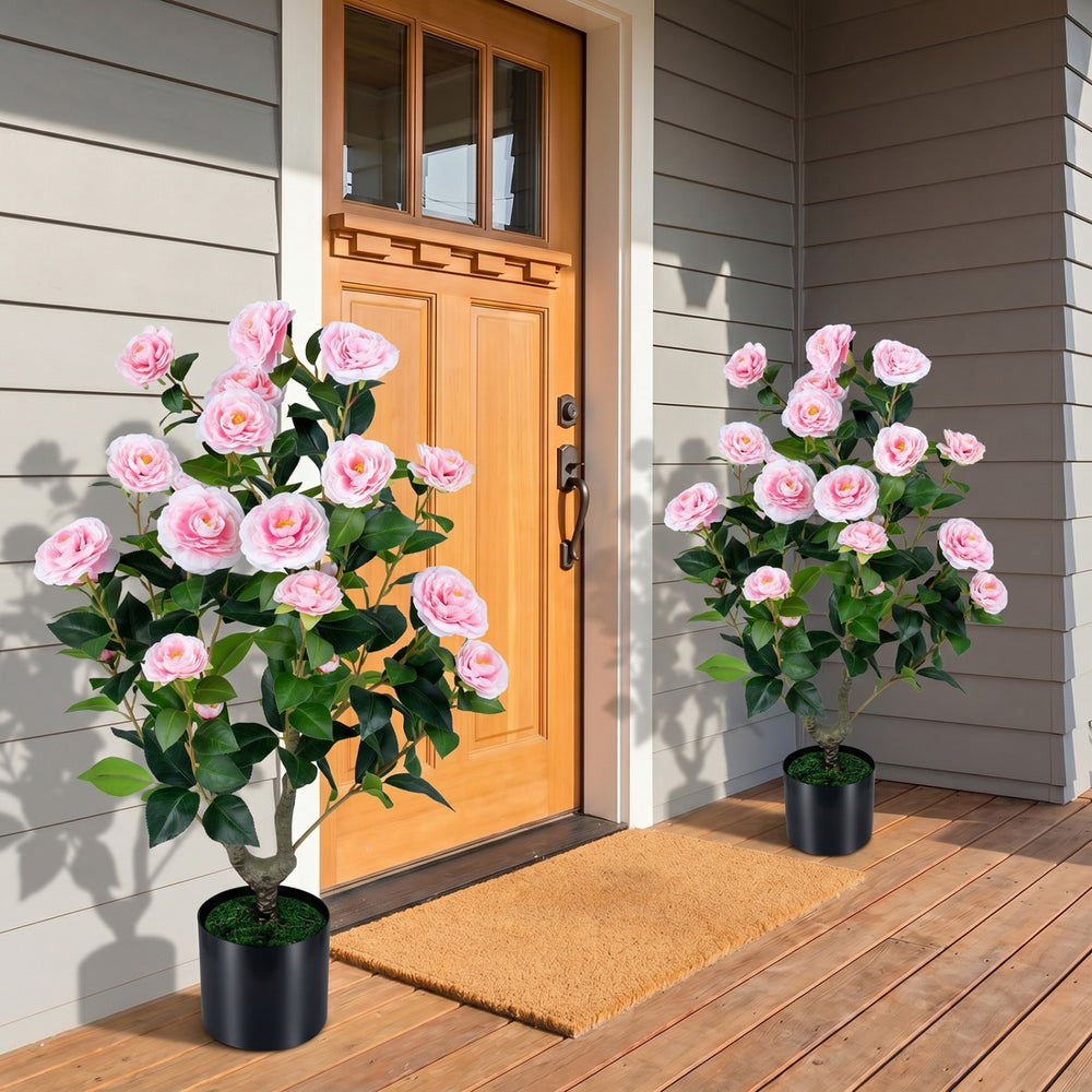 Artificial Camellia Tree Faux Flower Plant in Cement-Filled Pot-Pink - Gallery View 1 of 10