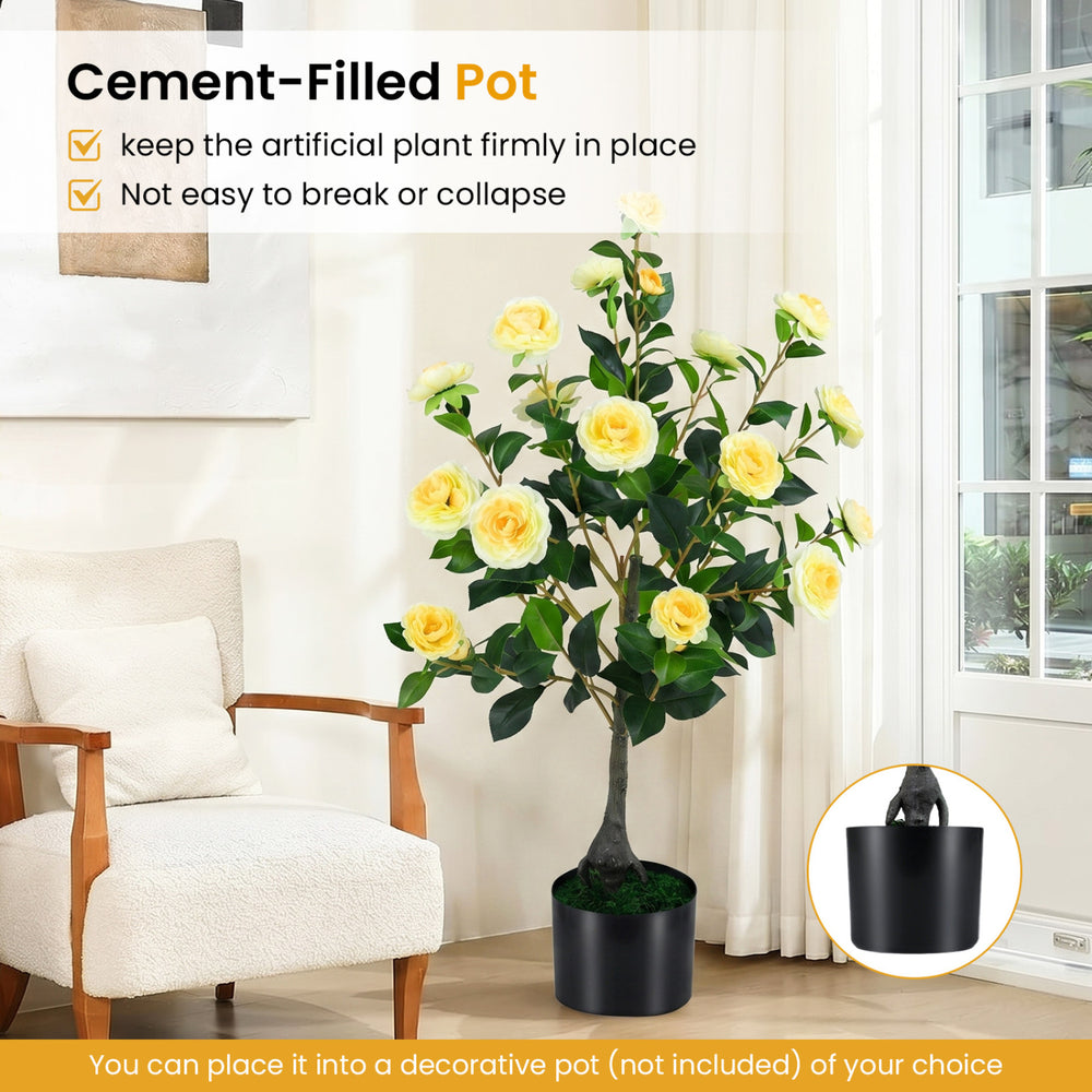 Artificial camellia tree in a cement-filled pot, featuring yellow flowers and dense leaves for indoor or outdoor decor.