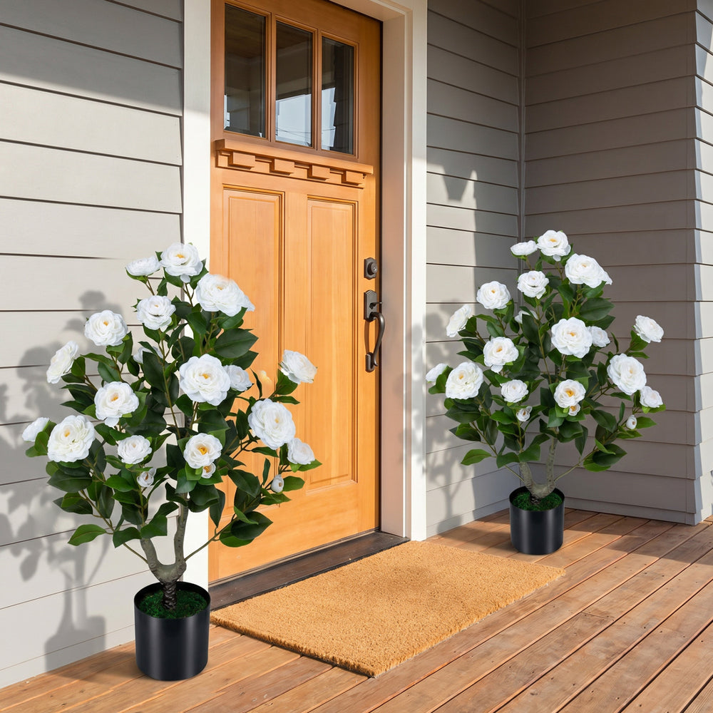 Artificial Camellia Tree Faux Flower Plant in Cement-Filled Pot-White - Gallery View 1 of 10