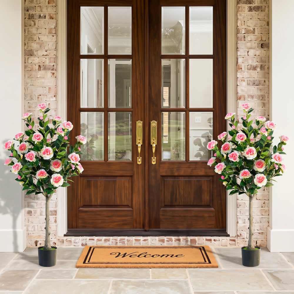 Artificial camellia trees with 27 blossoms in cement pots, perfect for enhancing entryways or porches with timeless beauty.