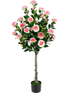 Artificial camellia tree with 27 pink blossoms and lush green leaves in a cement pot, perfect for home decor.