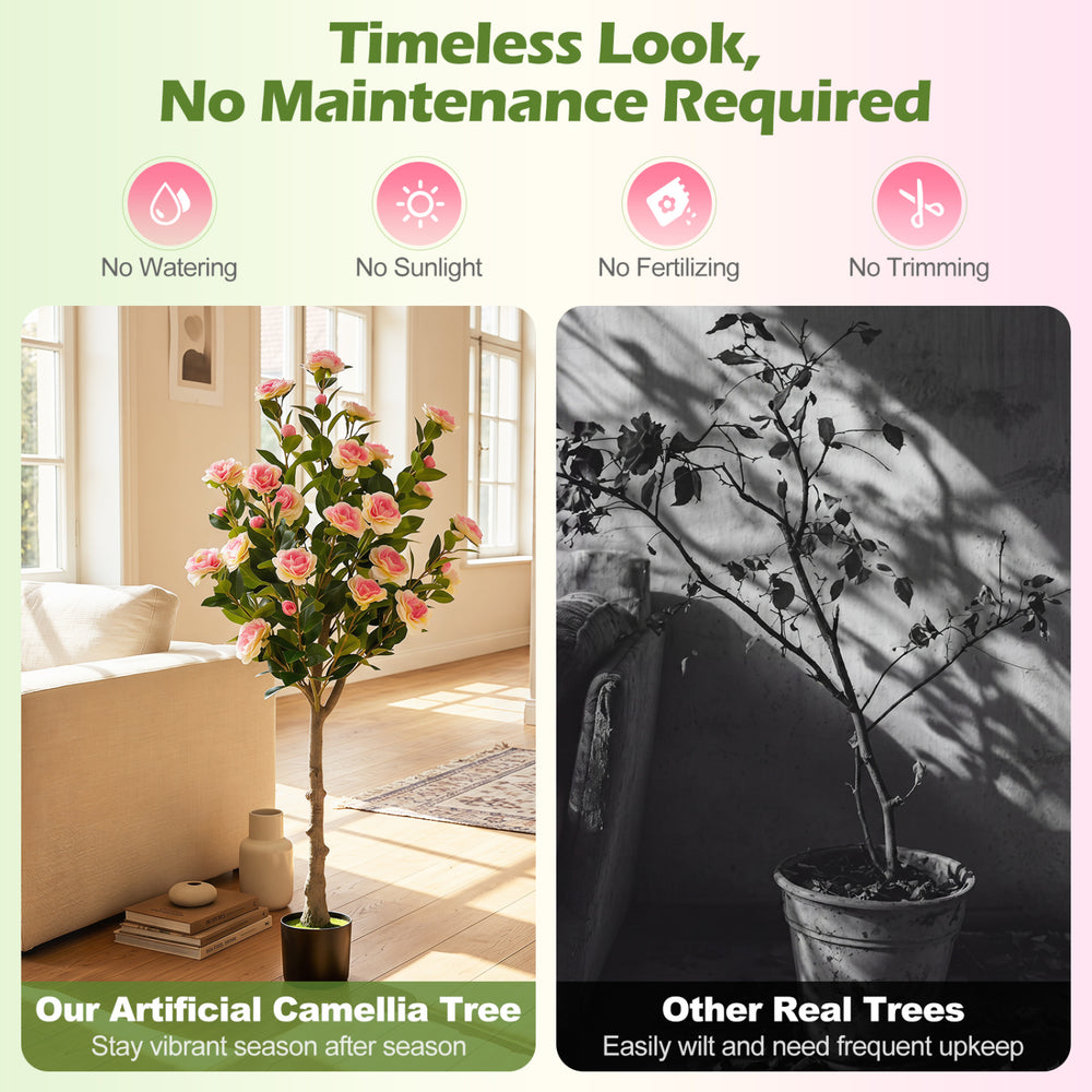 Artificial Camellia Tree with 27 blossoms in a cement pot, offering a timeless look with no maintenance required for home decor.