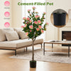 Artificial Camellia Tree with 27 blossoms in a cement-filled pot, perfect for enhancing living rooms and offices.