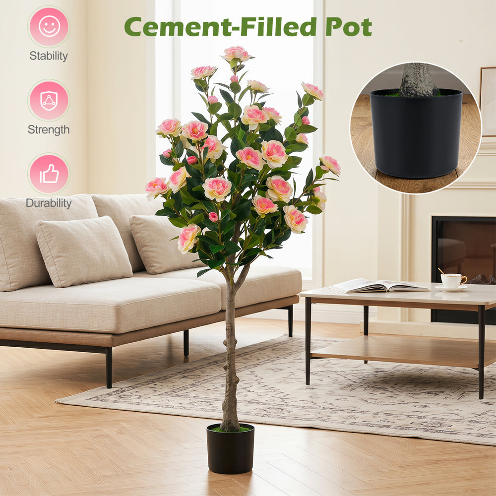 Artificial Camellia Tree with 27 blossoms in a cement-filled pot, perfect for enhancing living rooms and offices.