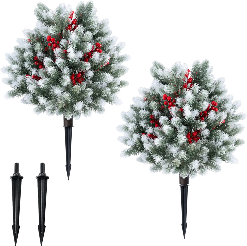 Set of 2 Artificial Cedar Topiary with Ground Spikes for Porch Patio Winter Decoration