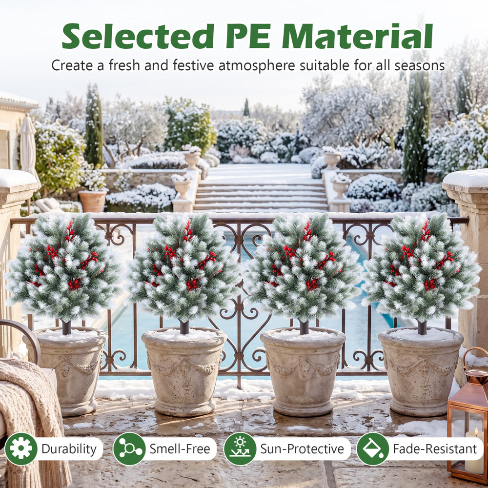 Artificial cedar topiary ball trees set of 2, 27.5" tall, with red berries, perfect for winter decoration on patios.