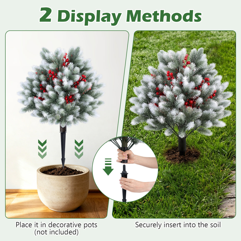 Artificial cedar topiary ball trees set of 2 with red berries, ideal for winter decoration in pots or soil.