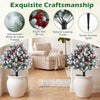 Artificial cedar topiary ball trees set of 2 with snowy foliage and red berries, perfect for winter patio decoration.