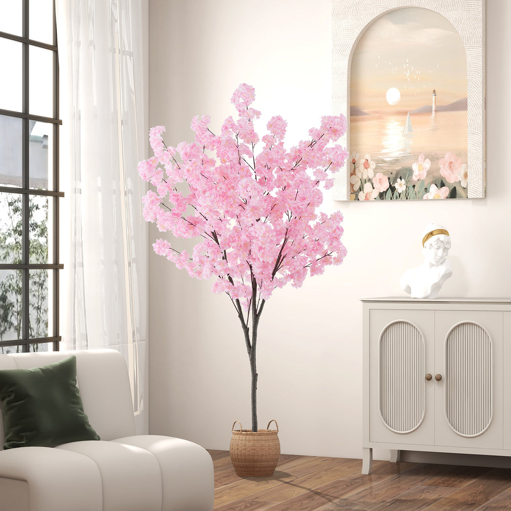6.5 FT tall artificial cherry blossom tree with 900 pink flowers, ideal for creating a romantic indoor ambiance.