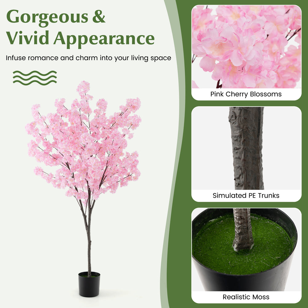 6.5 FT tall artificial cherry blossom tree with 900 pink flowers and realistic moss, perfect for indoor decoration.
