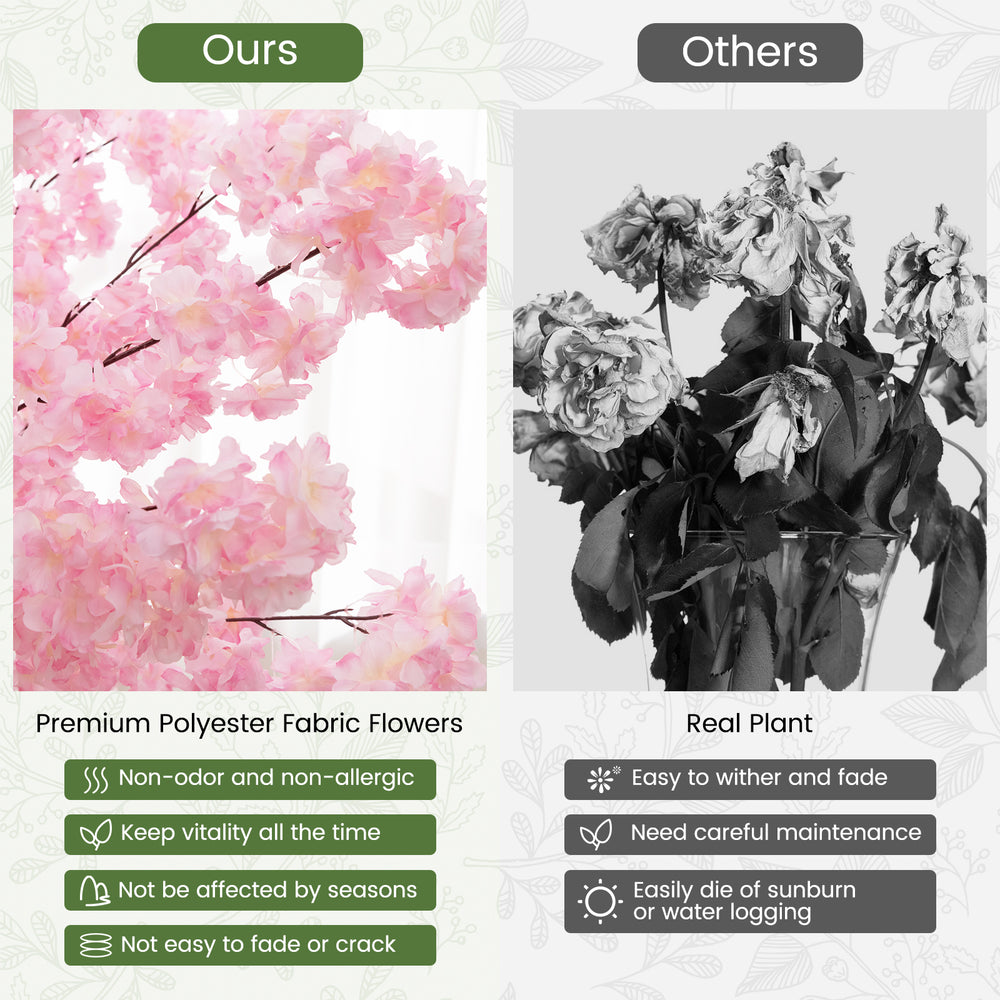 6.5 FT tall artificial cherry blossom tree with 900 pink flowers, durable polyester fabric, perfect for indoor.