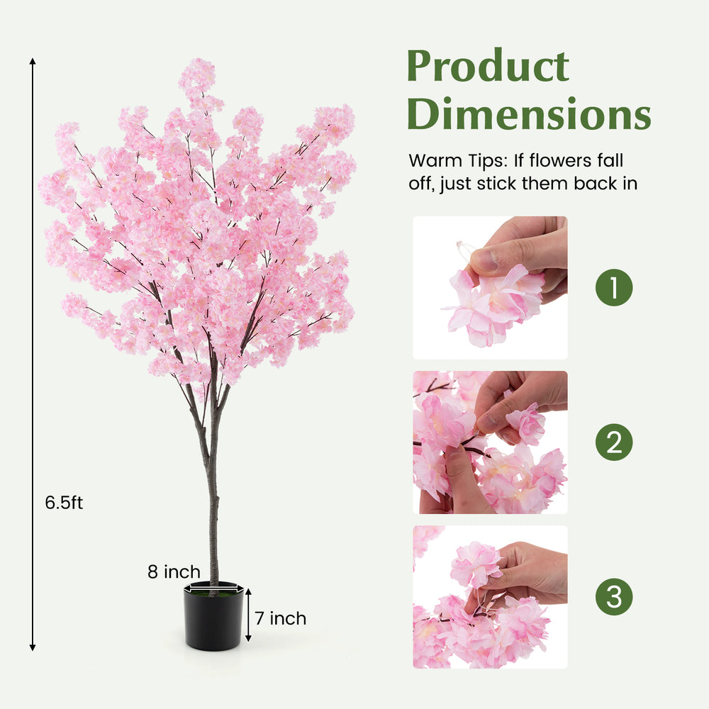 Dimensions of the 6.5 FT tall artificial cherry blossom tree with 900 pink flowers, perfect for indoor decoration.