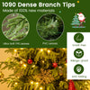 Artificial Christmas tree with 1090 dense branch tips, warm white LED lights, and a folding metal stand for easy setup.