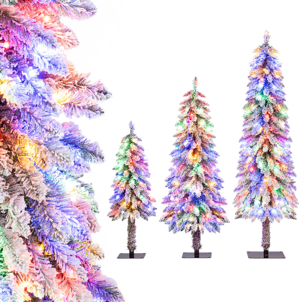 Set of 3 artificial Christmas trees with snow-flocked branches and multi-color LED lights for festive indoor decoration.